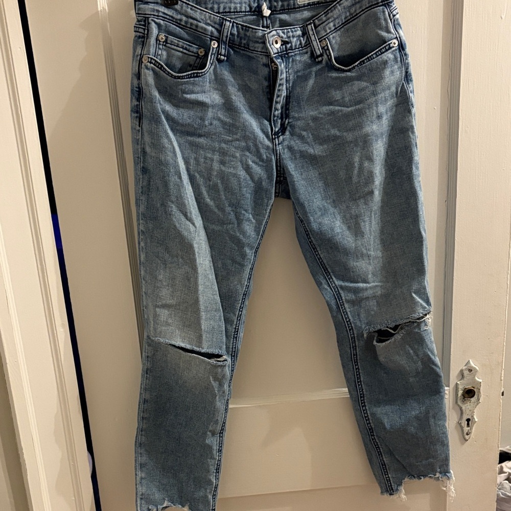 rag & bone Light Blue Distressed Boyfriend Cropped Jeans 28
